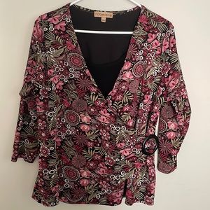 Notations Faux Wrap lined top-3/4 sleeves- purple-plum-pink-white-black design-L